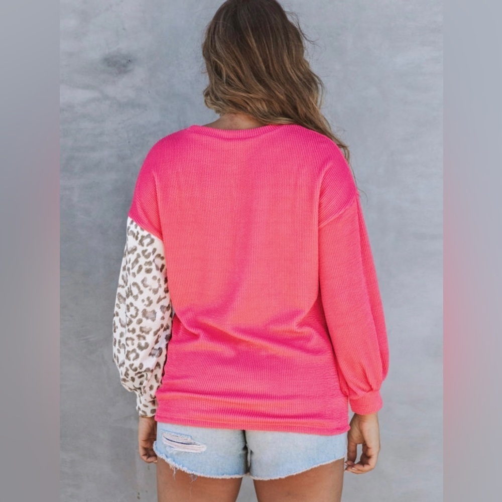 NEW ROSE LEOPARD LONG SLEEVE TOP | Ribbed Color Block Plus Size 2XL - Picture 10 of 11